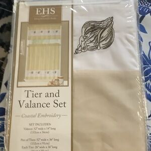 Coastal Embroidery Tier and Valance‎ Set - Cream and White